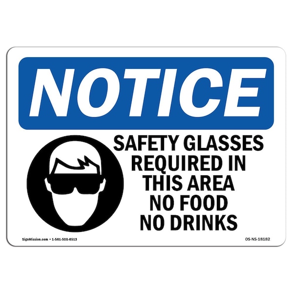 OSHA Sign, Glasses Required In This With Symbol, 18in X 12in Aluminum, 18" W, 12" H, Landscape